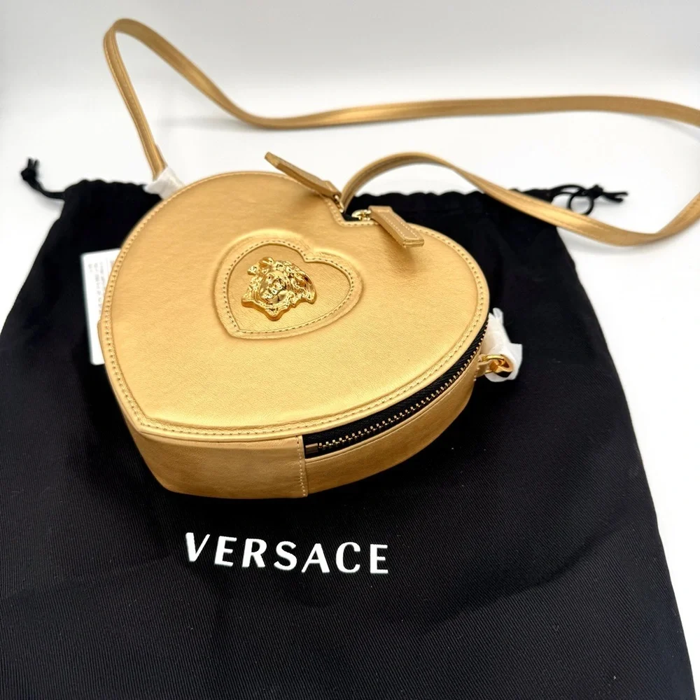 NWT Versace Heart Medusa Crossbody Strap Bag Gold Leather Kids Purse Logo Plaque